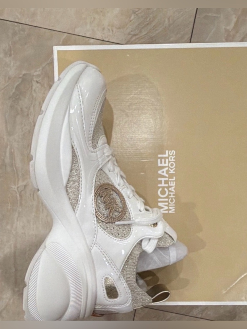 Michael Kors White and Gold Chunky Knit Platform Sneaker - Picture 3 of 5